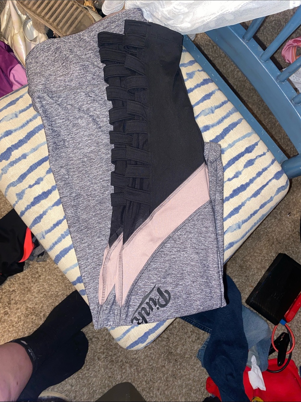 PINK Victoria's Secret Black & Light Pink Lace-Up Panel Leggings